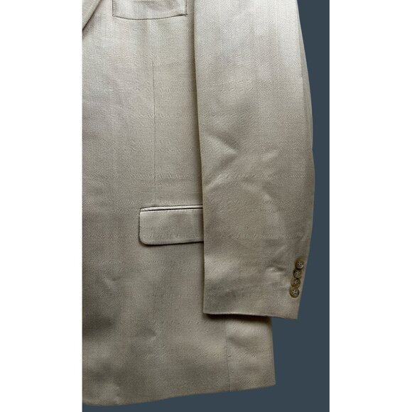 Haggar Black Label Blazer Mens 44L Beige 100% Silk Herringbone Sport Coat Luxury - Picture 4 of 9
